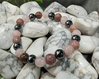 Rose Quartz, Rhodonite and Hematite 8mm Gemstone Stretch Bracelet