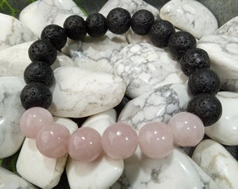 Rose Quartz and Lava 10mm Gemstone Stretch Bracelet