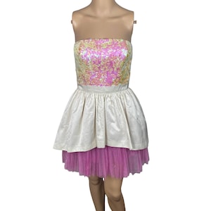 Vtg Y2K Betsey Johnson SZ 2 branco iridescente lantejoulas sem alças espartilho vestido de festa de chá