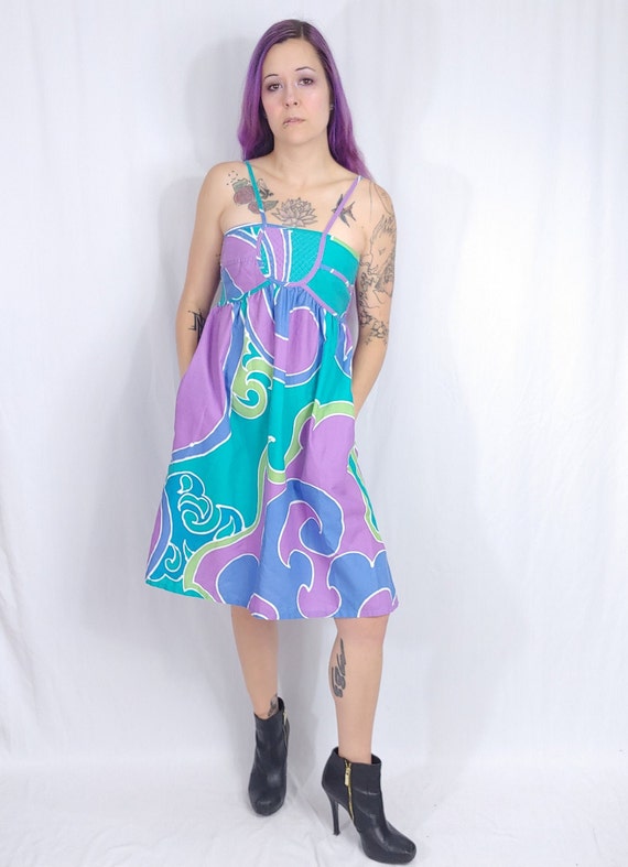 Vtg 70s Bill Tice Blue Purple Geometric Empire Smo