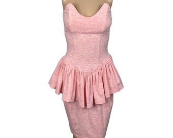 Vtg 80s Betsey Johnson Punk Label M Barbie Pink Strapless Peplum Dress