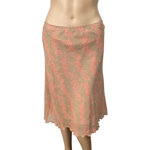 Vtg Y2K Free People Tan Pink Apple Cherry Print Bias Cut Skirt SZ M