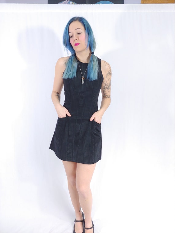 Vtg 90s Betsey Johnson Black Wood Grain A-line Min