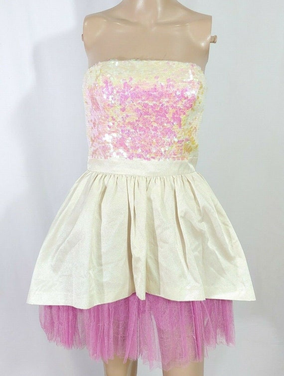 Vtg Betsey Johnson Strapless White Purple Sequin E