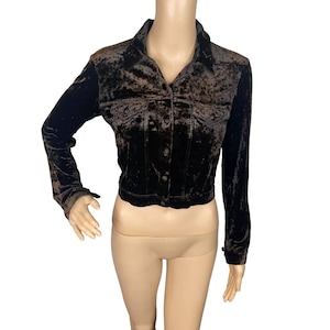 Vtg 90er Jahre Betsey Johnson S Braun Crushed Samt Cropped Cardigan Jacke