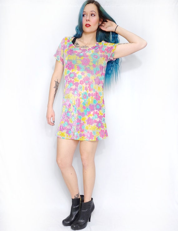 Vtg 90s Betsey Johnson Sheer Purple Blue Green Flo