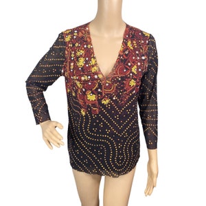 Vtg 90s Vivienne Tam M Black Red Boho Ethnic Mesh V-neck Top