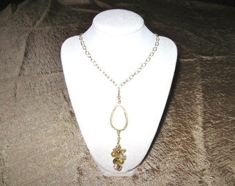 Long Handmade Gold-Toned Necklace with Crystal Bunch Drop