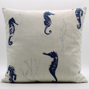 Navy Blue Aqua Seahorse Coastal Throw Pillow Cover, Sea Horse, Beachy Decor, Beach House, Nautical Pillow Cover, Nautical, Beachy, Zipper