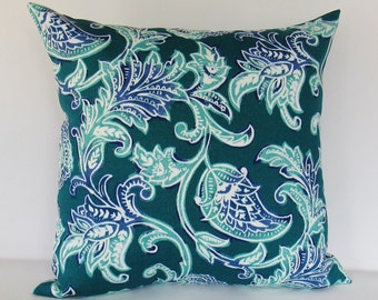 Teal Outdoor Throw Pillow Cover, Teal Floral Pillow, Teal Paisley Outdoor Pillow,  Outdoor Accent Pillow, Patio, Porch, Sunroom, Zipper