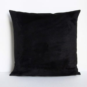 May include: A square, black velvet pillow. The pillow is a solid, deep black color and has a soft, plush texture. The pillow is likely used for decorative purposes on a bed or sofa.