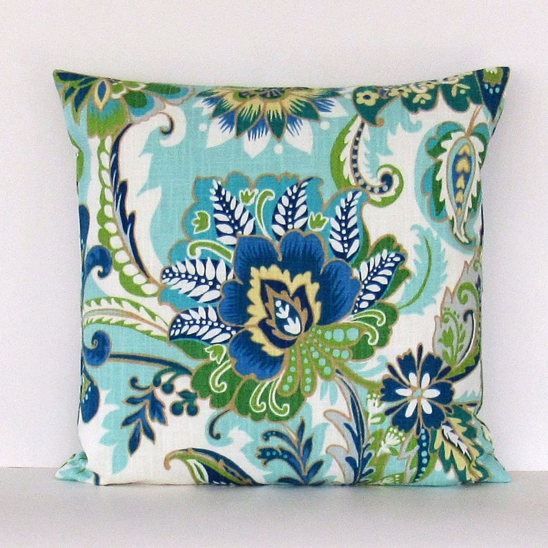 Blue Green Pillow Cover Blue Floral Throw Pillow Green Throw Etsy