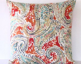Orange Paisley Throw Pillow Cover, Orange Paisley Pillow, Orange Aqua Pillow Cover, Orange Couch Pillow, Multi Color Pillow, Zipper