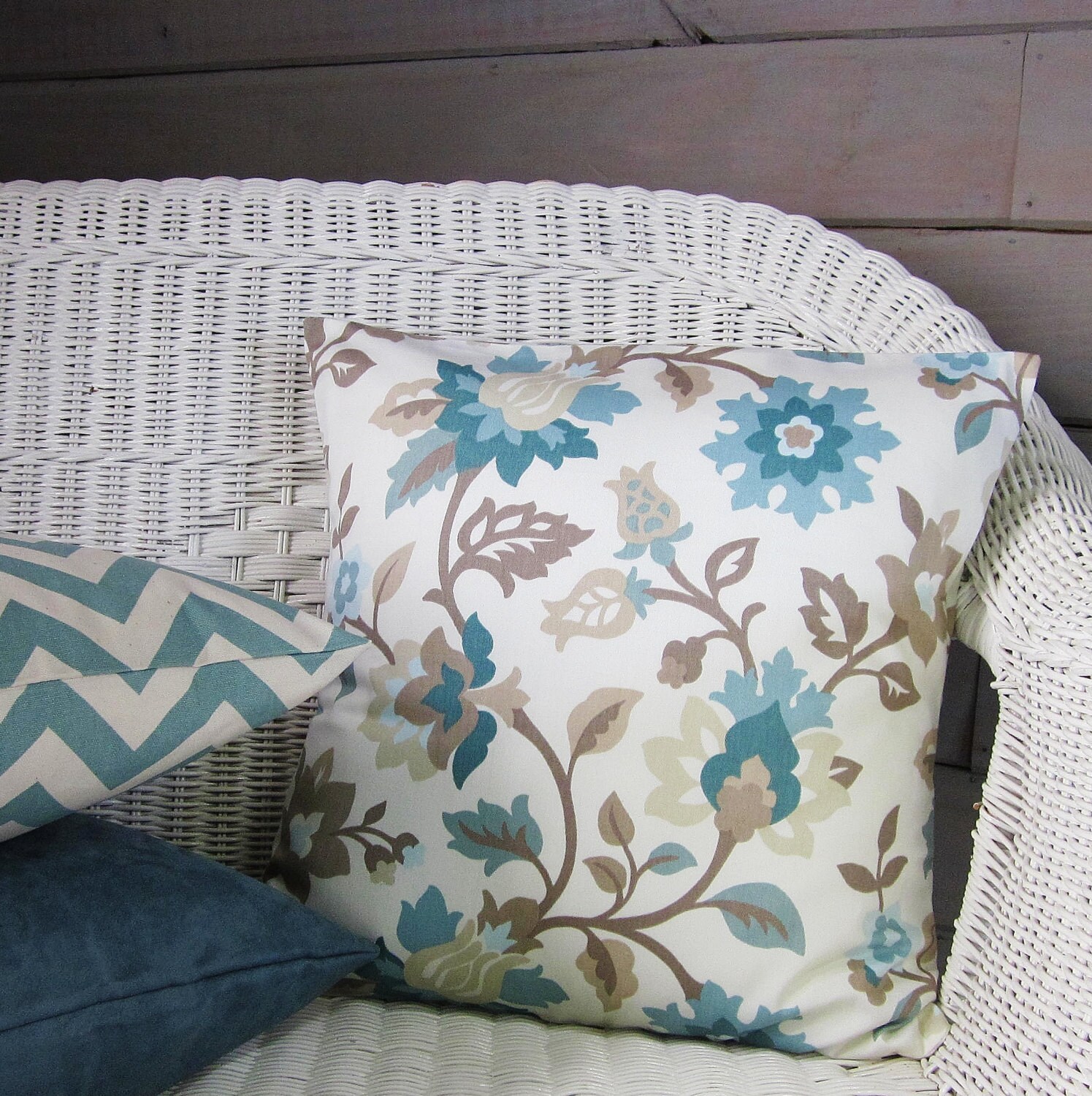Blue Pillow Cover Throw Pillow Cover Seafoam Taupe Floral Etsy