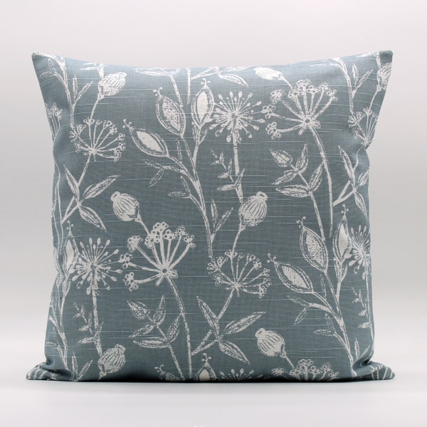 Blue Gray Floral Throw Pillow Cover, Soft Blue Gray, Steel Blue, Coordinating Pillows, Dusty Blue, Designer, Couch, Bed, Invisible Zipper