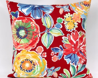 Red Floral Outdoor Pillow Cover, Red Outdoor Pillow Cover, Red Outdoor Accent, Colorful Pillow, Orange, Blue, Green, Patio, Porch, Zipper