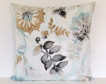 Aqua Floral Pillow Cover  Decorative Throw Accent Aquamarine Gray Gold Seafoam Ivory 16x16 18x18 20x20 22x22 12x16 12x18 12x20 14x22 Zipper