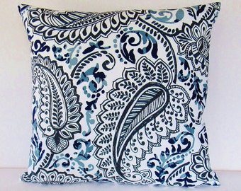 Navy Blue Gray Paisley Pillow Cover, Navy White Gray Throw Pillow, Gray Paisley Pillow Cover, Navy Pillow Cover, 18x18, Zipper