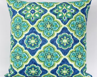 Blue Green Outdoor Pillow Cover, Colorful Outdoor Pillow Cover, Tropical Outdoor Decor, Blue Green Teal, Accent, Patio, Porch Decor, Zipper