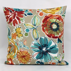 Floral Outdoor Pillow Cover, Brown Outdoor Throw Pillow Cover, Brown Teal Orange Pillow, Sunroom Pillow, Porch Pillow, Multi Color, Zipper