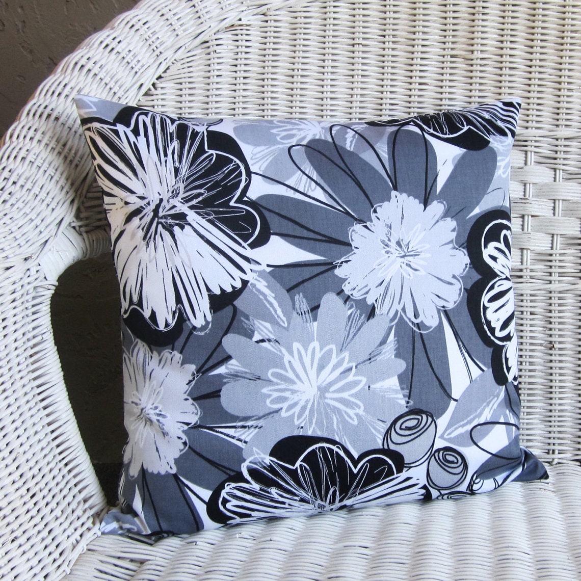 Black White Throw Pillow Cover Black Floral Pillow Gray Etsy