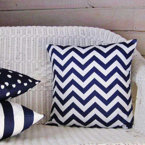 Navy Chevron Pillow Cover Indigo Blue White Decorative Zig Zag Throw Accent Toss 16x16 18x18 20x20 22x22 12x16 12x18 12x20 14x22 Zipper