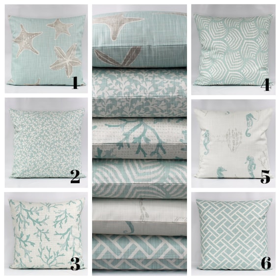 Aqua Coastal Throw Pillow Cover, Beach House Pillow Cover, Nautical Pillow Cover, Seafoam Pillow, Starfish, Fish, Coral, Seahorse, Zipper