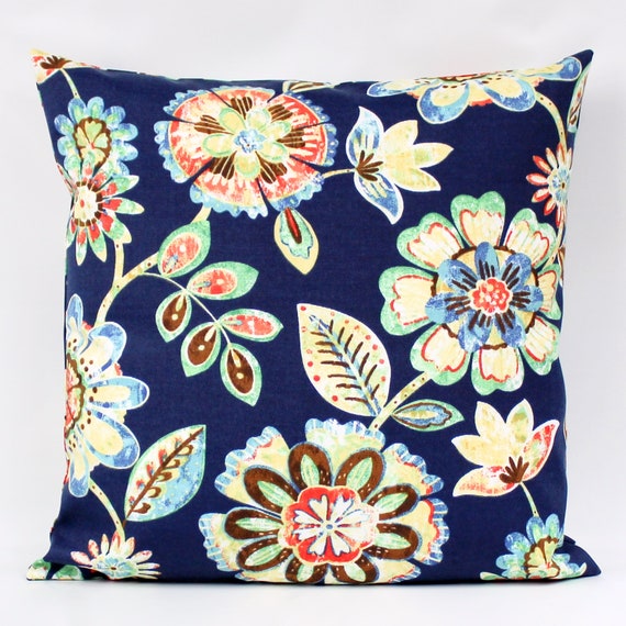Navy Floral Outdoor Pillow Cover Navy Blue Outdoor Pillow Cover Outdoor Throw Pillow Colorful Outdoor Pillow Porch Invisible Zipper Etsy