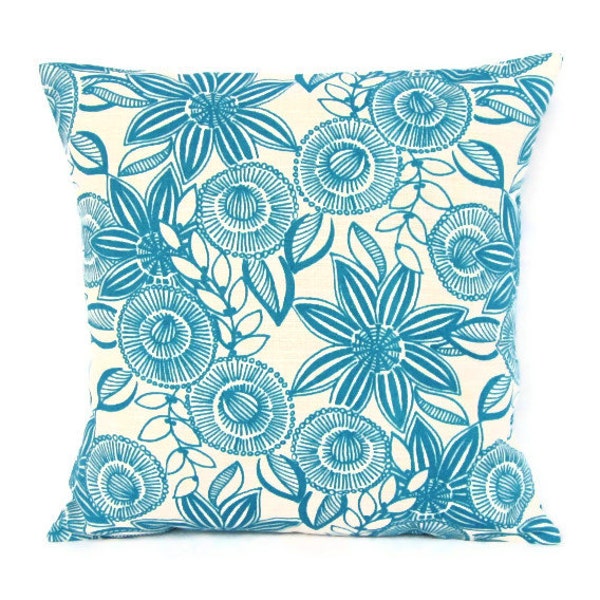 Sale Turquoise Teal Pillow Cover Floral Retro Decorative Throw Toss Accent Couch Pillow 16x16 Flowers