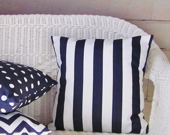 Navy Stripe Pillow Cover Decorative Throw Accent Indigo White 16x16 18x18 20x20 22x22 12x16 12x18 12x20 14x22 Lumbar Sofa Couch Zipper