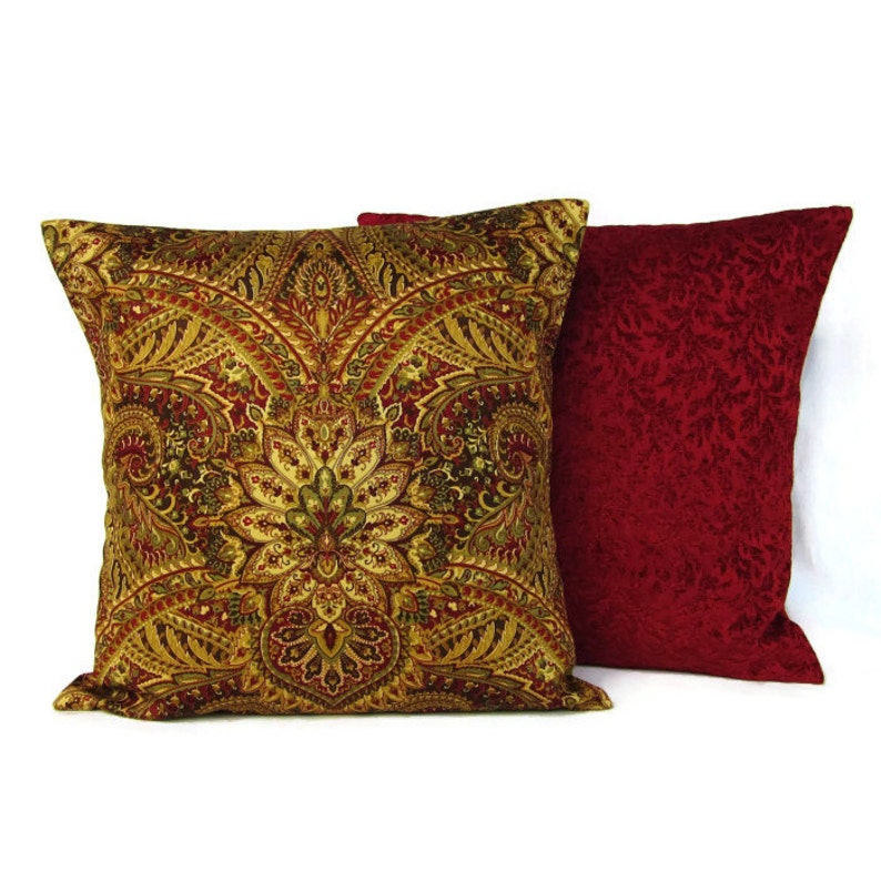 Gold Burgundy Damask Pillow Cover Decorative Throw 16x16 18x18 Etsy