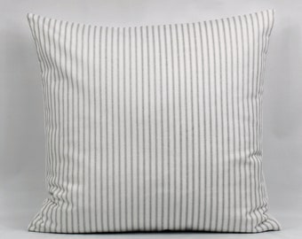 Gray White Ticking Stripe Pillow Cover, Farmhouse Pillows, Invisible Zipper, 18x18, Ready To Ship