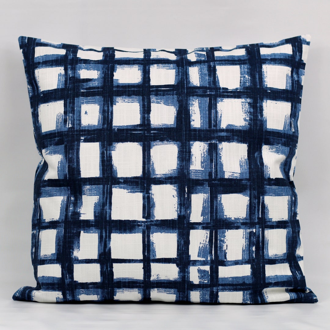Navy Blue White Throw Pillow Cover, Navy Plaid Pillow Cover, Navy Blue