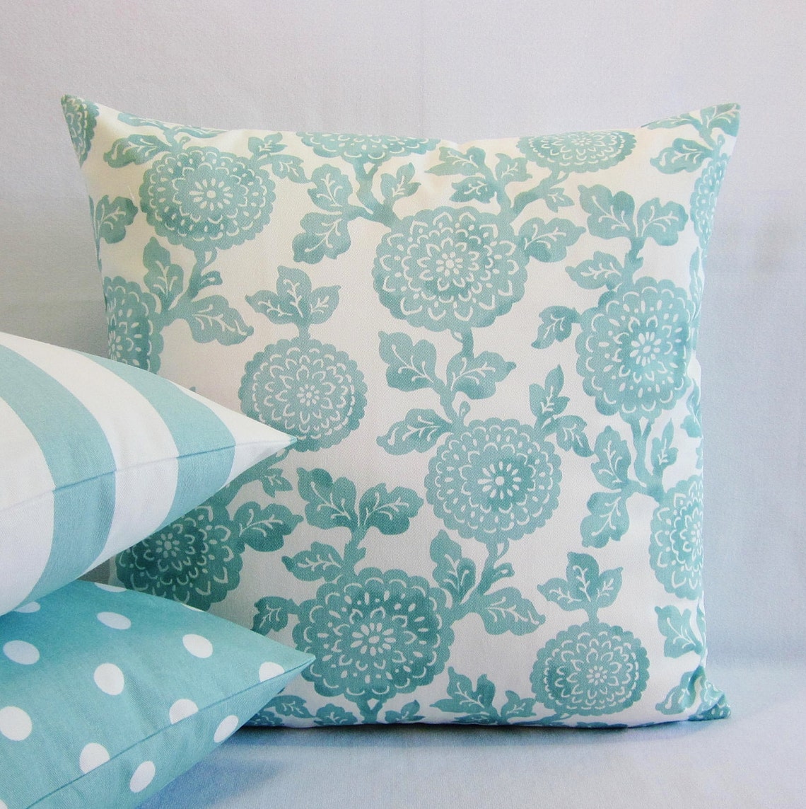 Aqua Floral Pillow Cover Decorative Throw Pillow Seaglass Etsy