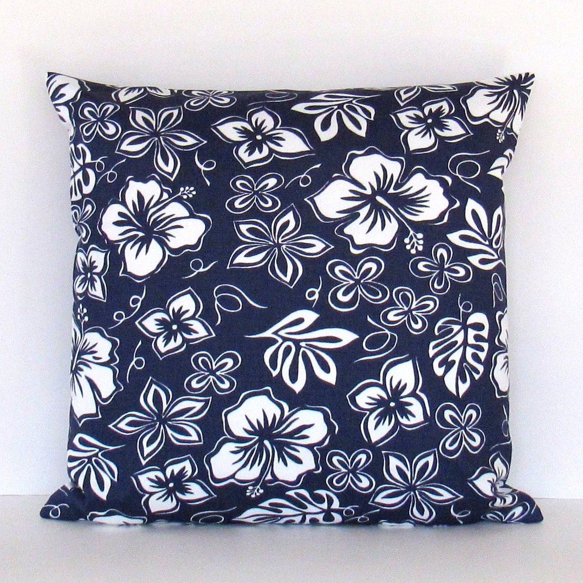 Navy Blue Floral Throw Pillow Cover Navy Tropical Pillow Etsy