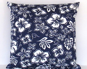 Navy Blue Floral Throw Pillow Cover, Navy Tropical Pillow, Navy White Pillow Cover, Navy Coastal Pillow, Navy White Floral Pillow, Zipper