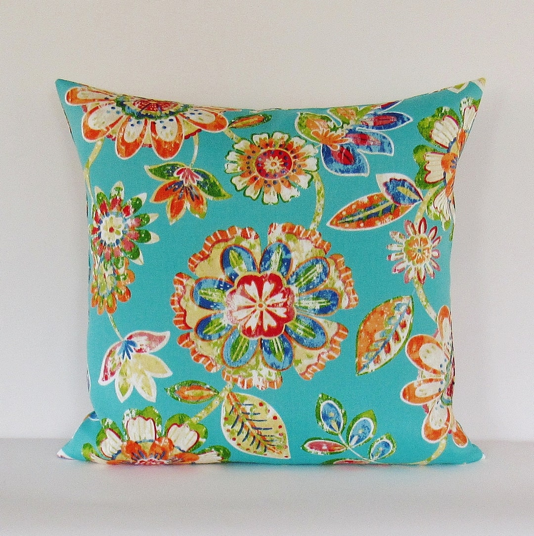 Aqua Outdoor Pillow Cover Floral Outdoor Pillow Outdoor Etsy