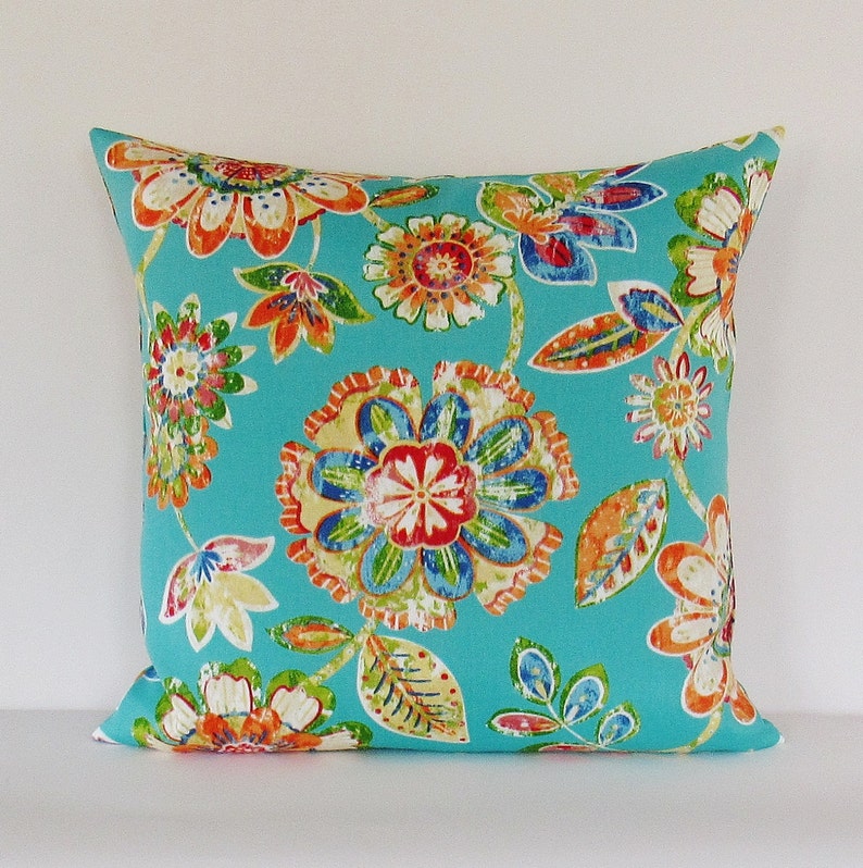 Aqua Outdoor Pillow Cover Floral Outdoor Pillow Outdoor Etsy