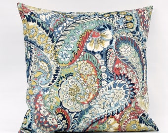 Blue Paisley Pillow Cover, Colorful Throw Pillow, Multi Color Pillow, Multi Colored Pillows, Navy Taupe, Cushion Cover, Invisible Zipper