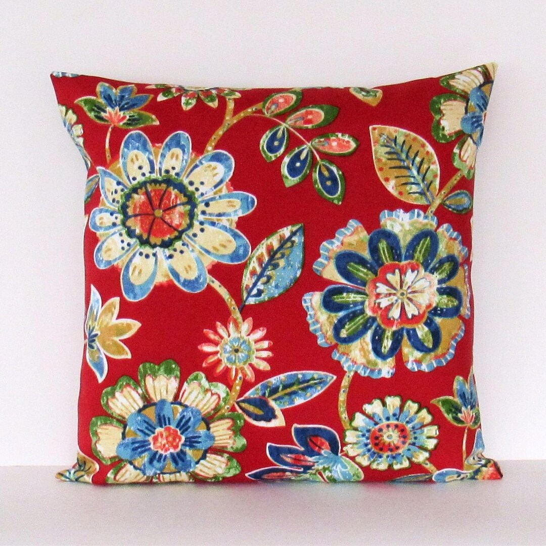 Red Floral Outdoor Throw Pillow, Outdoor Accent Pillow, Red Patio