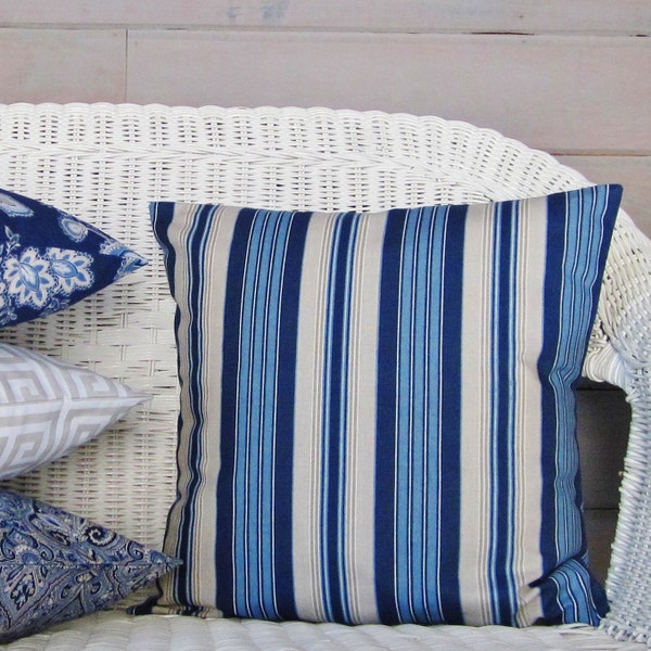 Blue Stripe Pillow Cover, Navy Blue Throw Pillow, Blue Brown Stripe Pillow, Navy Brown Pillow Cover,  Blue Couch Pillow, 12x20, Zipper