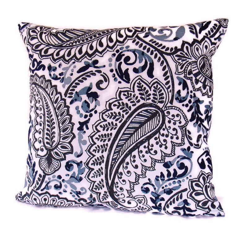 Navy Blue Gray Paisley Pillow Cover White Decorative Throw Etsy