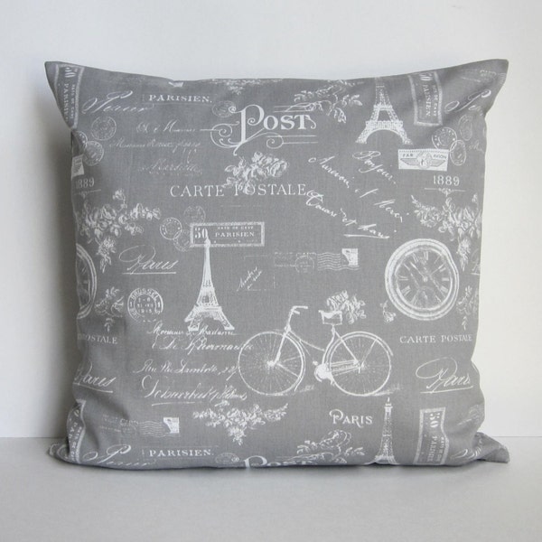 Paris Pillow Cover Gray White Decorative Throw Toss Accent 16x16 18x18 20x20 22x22 12x16 12x18 12x20 14x22  Eiffel Tower Post Card Zipper