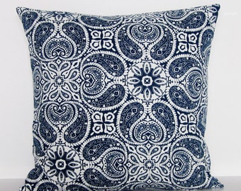 Navy Blue Pillow Cover Paisley Medallion Decorative Throw Accent 16x16 18x18 20x20 22x22 12x16 12x18 12x20 14x22 Indigo White Lumbar Zipper