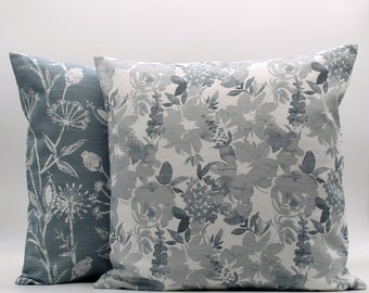 Soft Blue Gray Floral Throw Pillow Cover, Steel Blue, Coordinating Pillows, Dusty Blue, Designer, Couch, Bed, Pillow Case, Invisible Zipper