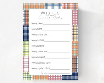 Wishes for Baby cards, preppy madras plaid, boy INSTANT DOWNLOAD printable file print your own , babyshower, baby shower idea, well wishes