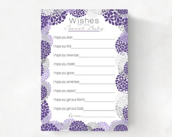 Purple Floral Baby Shower Well Wishes for Baby girl, INSTANT DOWNLOAD, digital printable file, babyshower idea, Wishes for Baby Cards