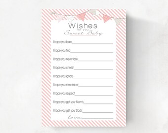 Printable Wishes for Baby Cards, Well Wishes for Baby Girl, pink INSTANT DOWNLOAD, digital printable file, baby shower idea, baby keepsake