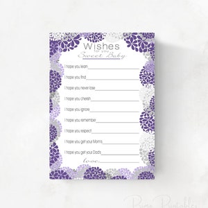 Purple Floral Baby Shower Well Wishes for Baby girl, INSTANT DOWNLOAD, digital printable file, babyshower idea, Wishes for Baby Cards image 1