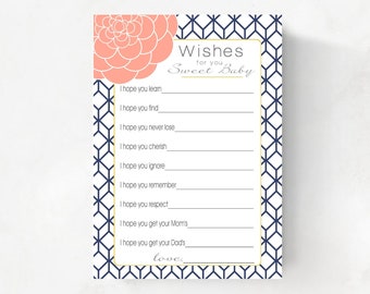 Baby Shower Wishes for Baby girl, navy blue and coral and gold , INSTANT DOWNLOAD, printable file , baby shower idea, Baby Keepsake Card